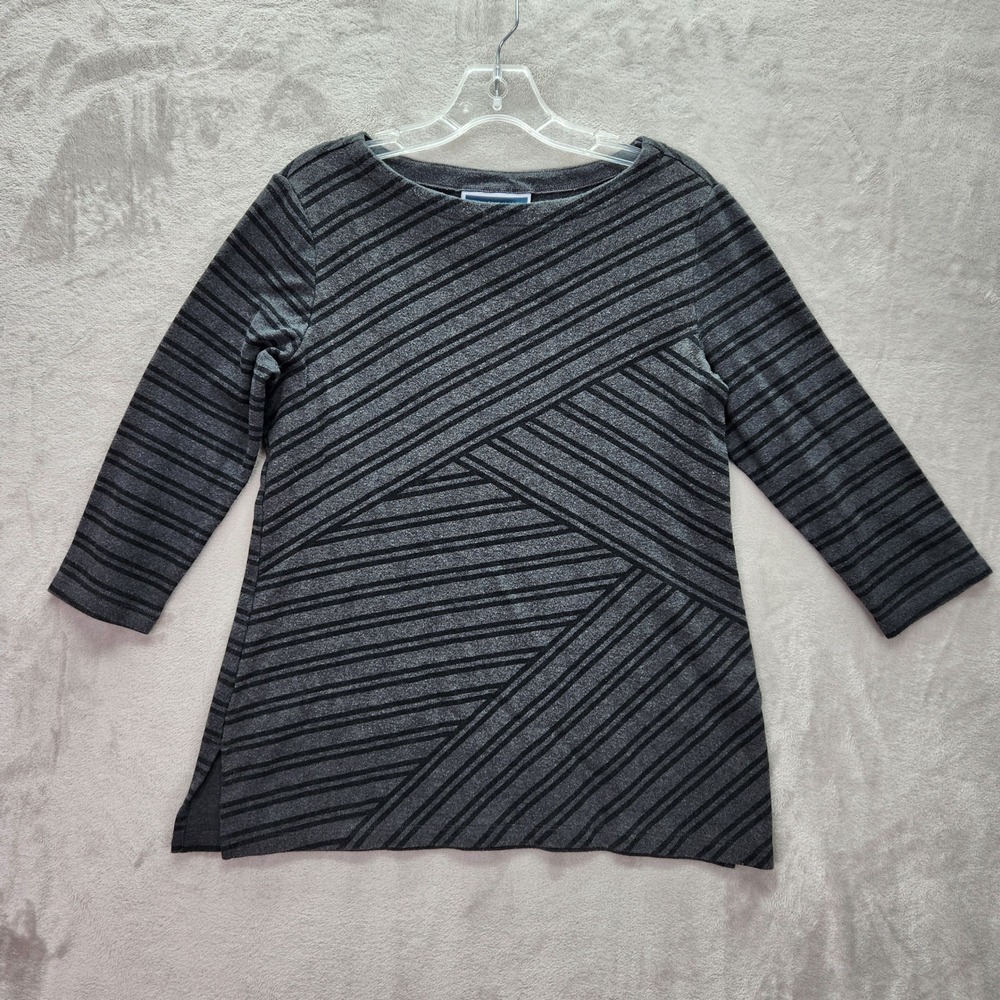 Karen Scott Tunic Womens Small Gray Striped 3/4 Sleeve Boat Neck Comfy Casual